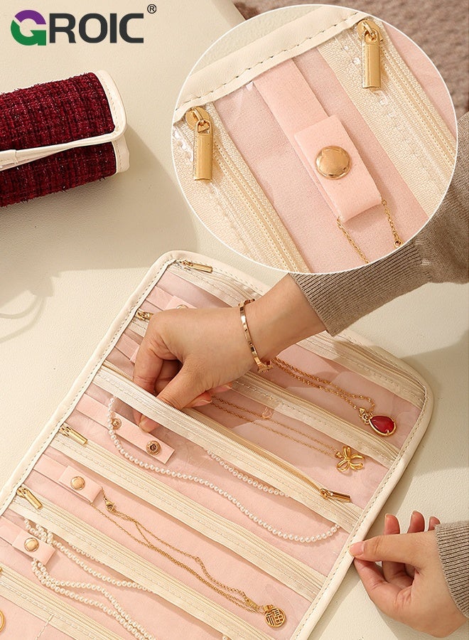 GROIC Jewelry Roll Bag, Travel Foldable Jewelry Roll Storage Case, Zippered Pockets for Traveling, Closet, Suitcase, Compact Storage Pouch for Rings, Earrings, Necklaces and Bracelets, Jewelry Pouch - Image 4